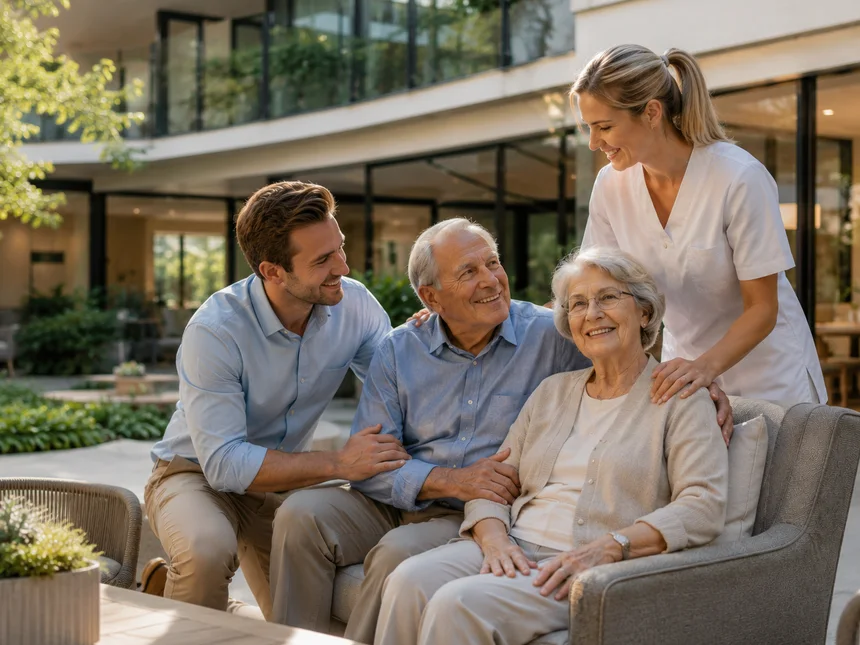 Ein Sohn, seine Eltern und eine Betreuerin sitzen im Garten einer Pflegeeinrichtung beisammen.